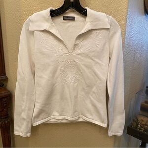MENDOCINO White Embroidery V-Neck Cottage Core Long Sleeve Top Size Small